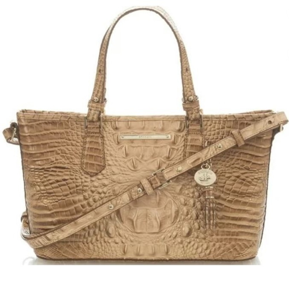 Brahmin Tan Melbourne Croc Embossed Leather Tote Purse Bag  Detachable Strap